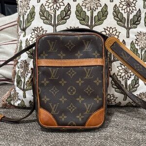 Designer Monogram Leather-Trim Messenger Bag in Brown